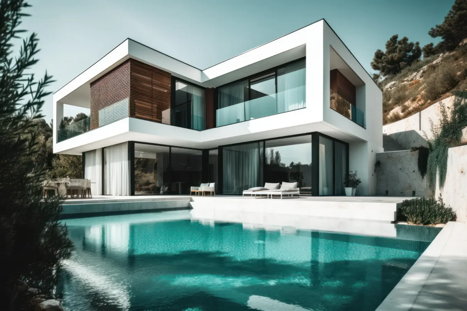 Maison contemporaine lumineuse, aux grandes baies vitrées ouvertes sur une piscine
